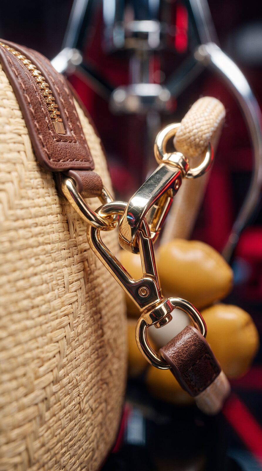 Macro of woven bag and flower charm