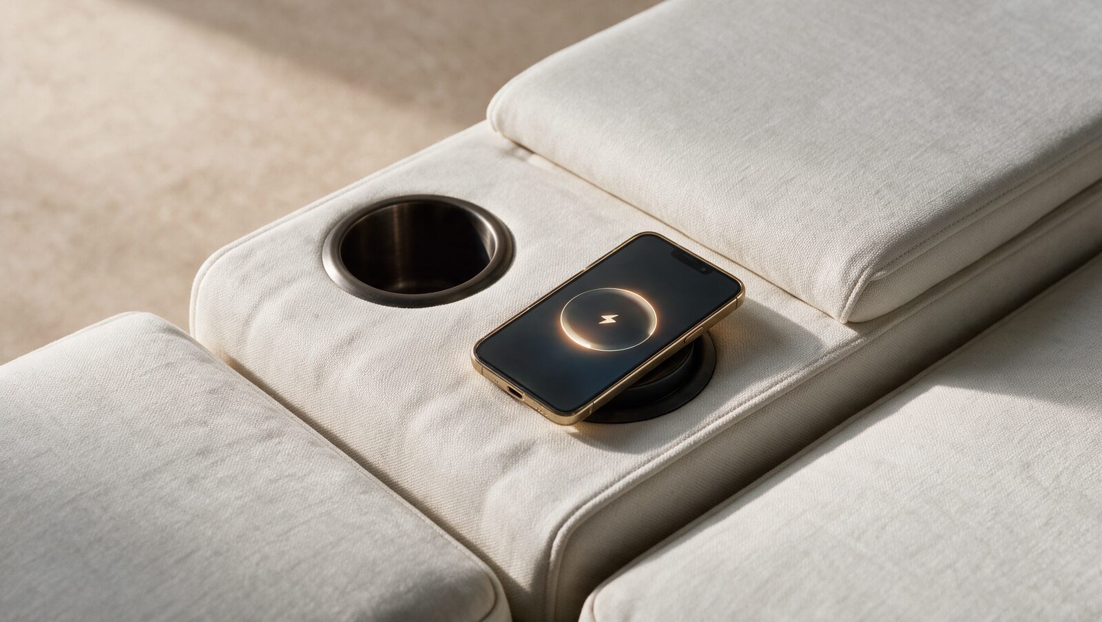 Phone charging on the sofa console
