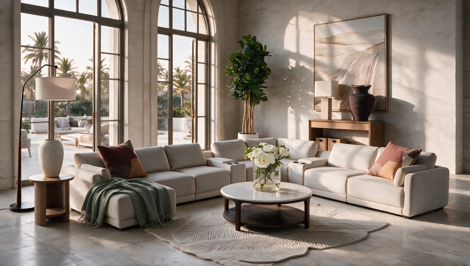 Modular sofa styled in a sunlit villa living room
